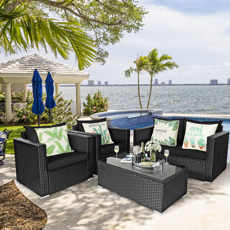 Latitude Run® 4pcs Patio Rattan Furniture Set Cushioned Sofa Chair